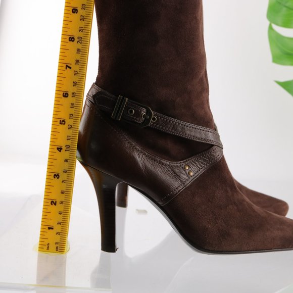Cole Haan Dress Fashion Bootie Women 8 High Heel Brown Suede Harness Straps Zip - Picture 8 of 14